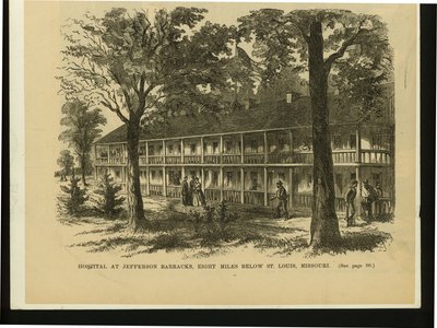 Print of Two-Story Barracks-Type Building with Several Figures Visible Outside by M.H. Bishard